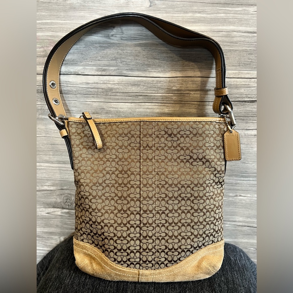 Coach signature light tan suede shoulder bag purse